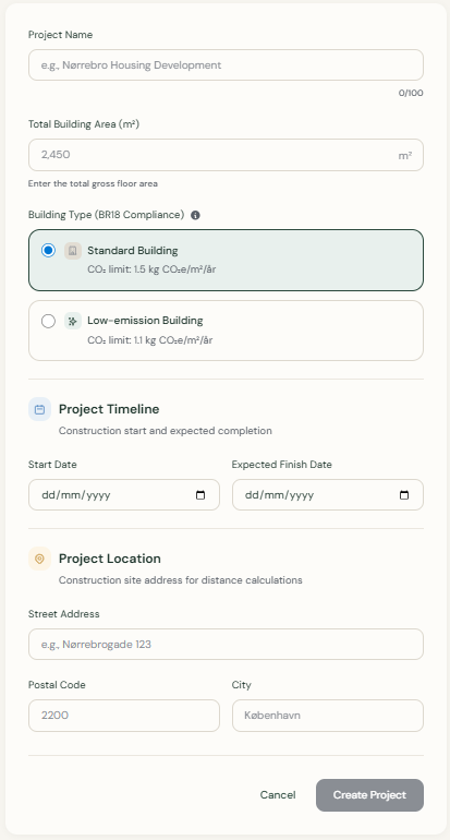 Screenshot — Formularen til oprettelse af nyt projekt